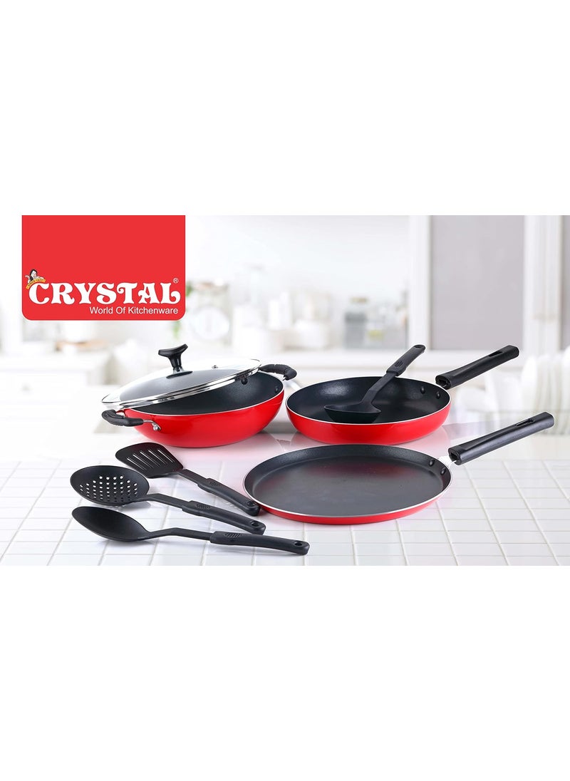 Crystal Classic Series 8-pc Non-Stick Cookware Set, PFOA Free, Tawa, Kadhai with Glass Lid, Fry Pan, 4 Spatulas, Red