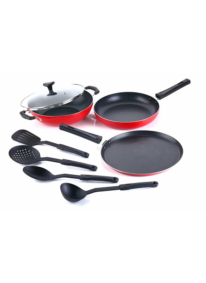 Crystal Classic Series 8-pc Non-Stick Cookware Set, PFOA Free, Tawa, Kadhai with Glass Lid, Fry Pan, 4 Spatulas, Red