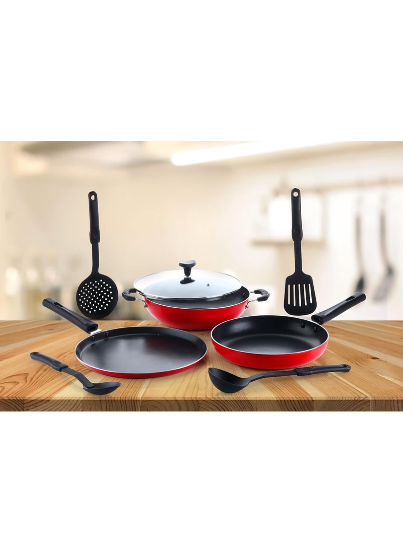 Crystal Classic Series 8-pc Non-Stick Cookware Set, PFOA Free, Tawa, Kadhai with Glass Lid, Fry Pan, 4 Spatulas, Red