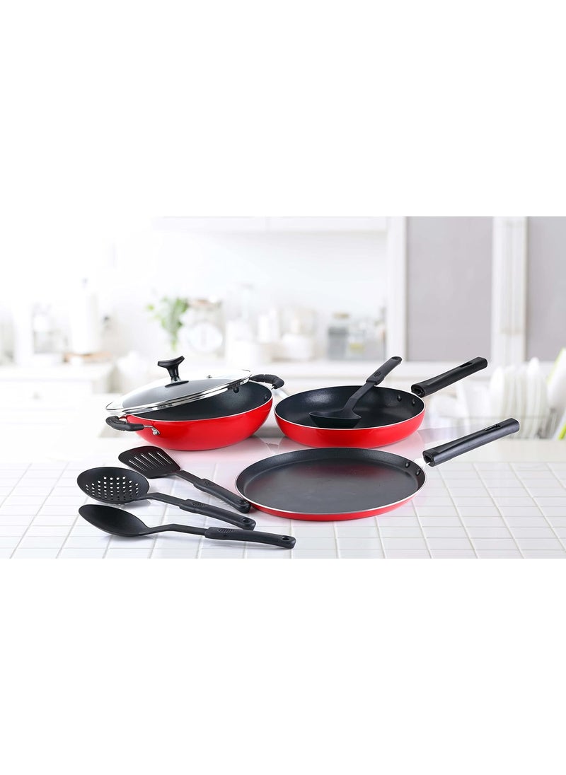 Crystal Classic Series 8-pc Non-Stick Cookware Set, PFOA Free, Tawa, Kadhai with Glass Lid, Fry Pan, 4 Spatulas, Red
