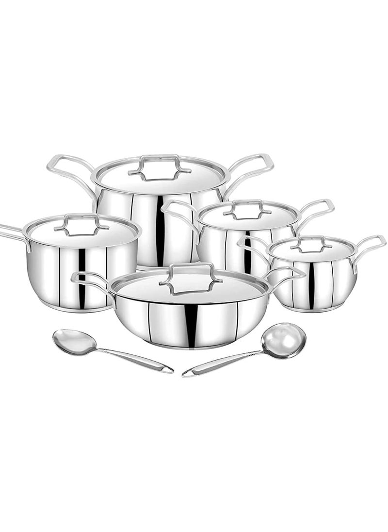 Pigeon Stainless Steel Milano 12 Pcs cookware Set - 1-Piece Saucepan with lid, 3- Piece Saucepot with lid 1-Piece Kadai with lid 2-Piece Ladles Induction Friendly Silver