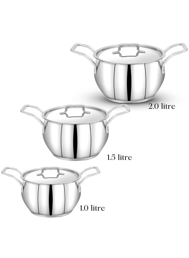 Pigeon Stainless Steel Milano 12 Pcs cookware Set - 1-Piece Saucepan with lid, 3- Piece Saucepot with lid 1-Piece Kadai with lid 2-Piece Ladles Induction Friendly Silver