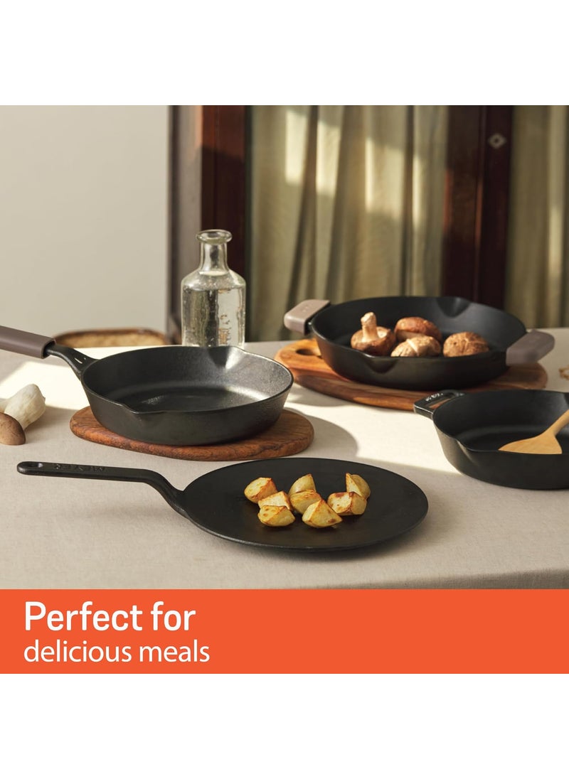 Meyer Pre-Seasoned Cast Iron 2 Piece Cookware Set 20cm Fry pan + 28cm Flat Dosa Tawa | Iron Utensils for Cooking | Cookware Set for Kitchen | Induction Cast Iron Cookware Combo Offer, Black