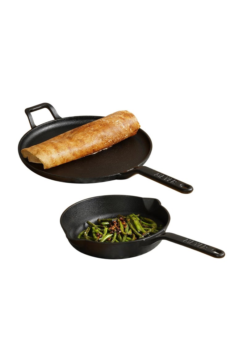 Meyer Pre-Seasoned Cast Iron 2 Piece Cookware Set 20cm Fry pan + 28cm Flat Dosa Tawa | Iron Utensils for Cooking | Cookware Set for Kitchen | Induction Cast Iron Cookware Combo Offer, Black