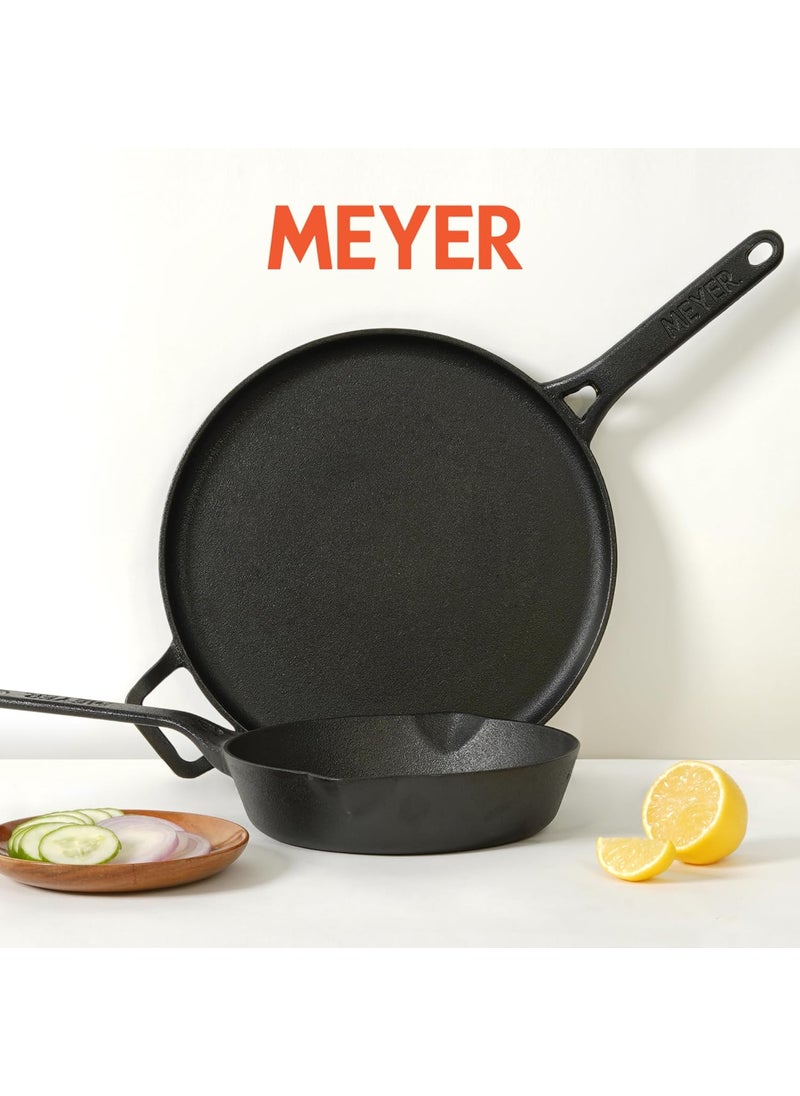Meyer Pre-Seasoned Cast Iron 2 Piece Cookware Set 20cm Fry pan + 28cm Flat Dosa Tawa | Iron Utensils for Cooking | Cookware Set for Kitchen | Induction Cast Iron Cookware Combo Offer, Black