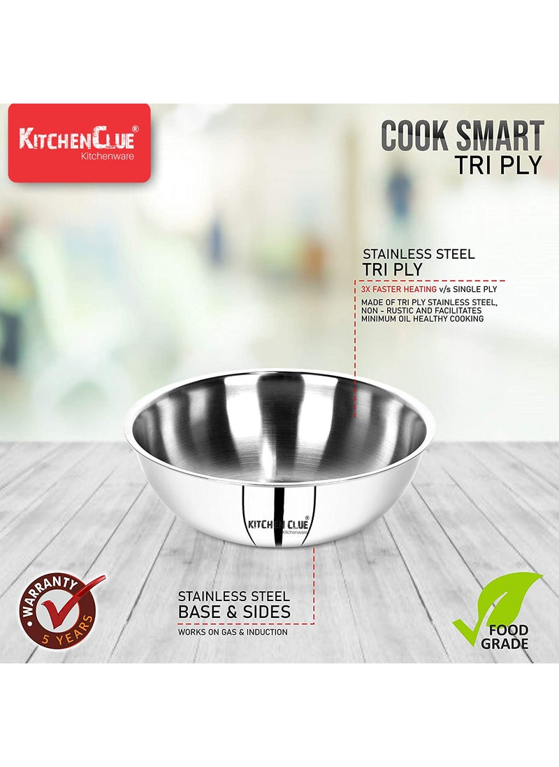 KITCHEN CLUE Smart Stainless Steel Tri-Ply Tasla for Kitchen Cooking, Doughing - 20 CM, 1700 ML - Highly Durable & Strong in Construction - Induction & Gastove Compatible - Comes with 5 Year Warranty