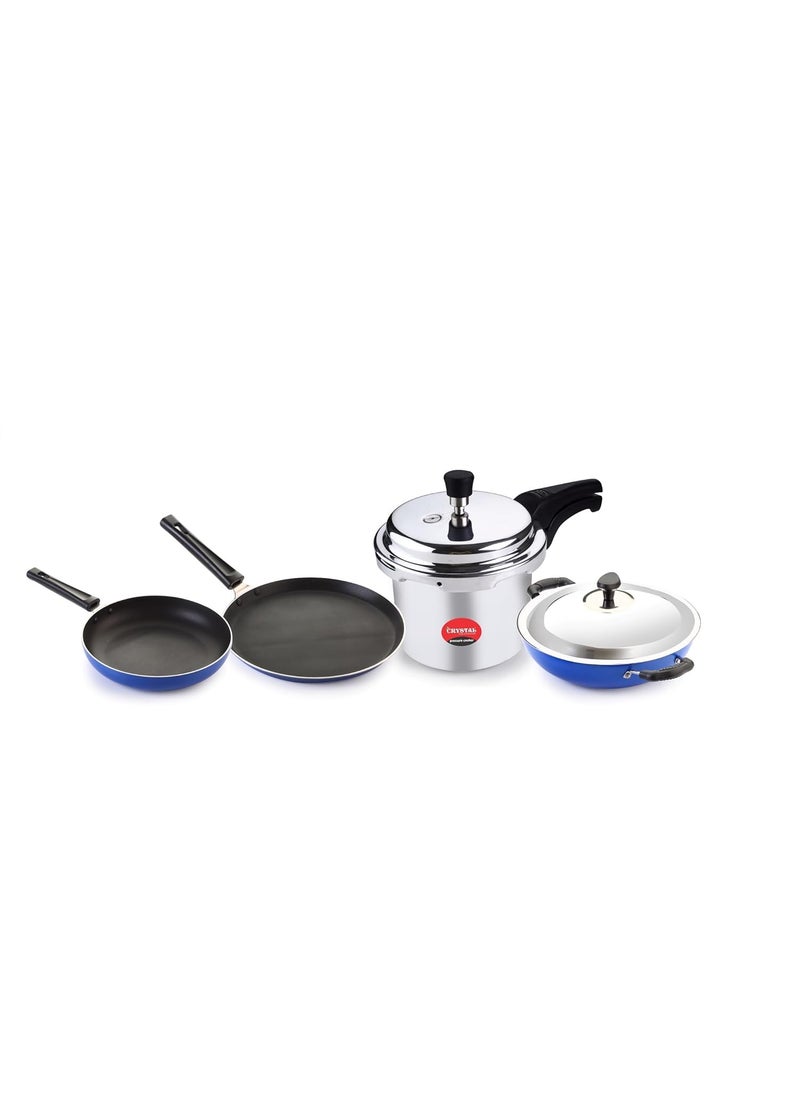 Crystal Nonstick Kitchen cookware Set | Kitchen Combi | Tawa 250 mm | Fry Pan 240 mm | Kdai with Steel Lid 240 mm | Pressure Cooker 3 LTR | PFOA Free | Blue