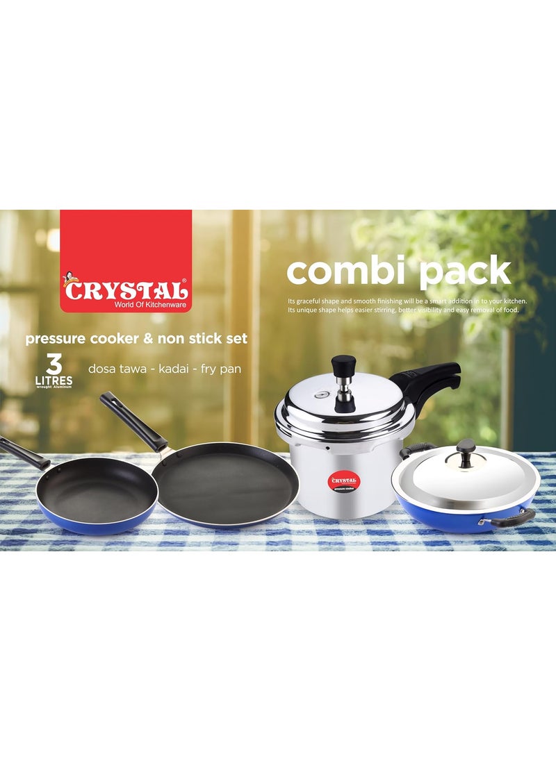 Crystal Nonstick Kitchen cookware Set | Kitchen Combi | Tawa 250 mm | Fry Pan 240 mm | Kdai with Steel Lid 240 mm | Pressure Cooker 3 LTR | PFOA Free | Blue