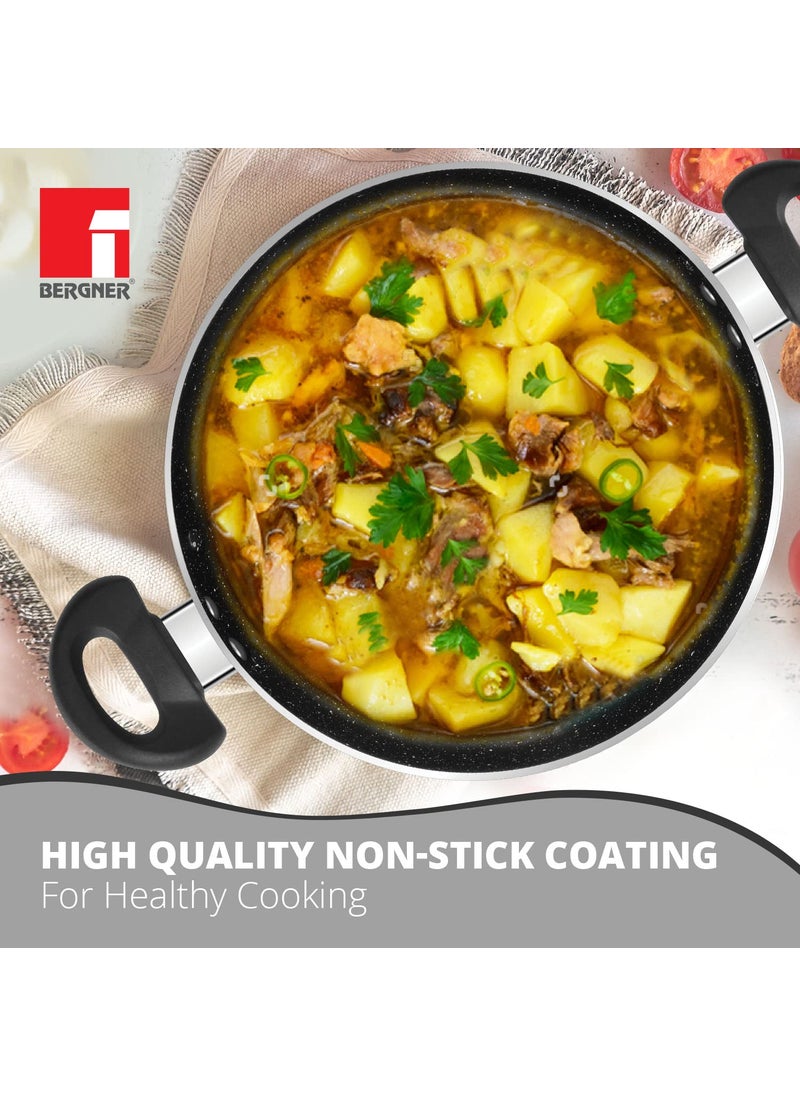 Bergner Stone Plus Non-Stick 4 Pcs Cookware Set - 24cm (2.5 L) Kadai with Glass Lid, 24cm Frypan and 28cm Tawa, Bakelite Handle, Minimal Oil Use - Induction Bottom, Diwali/Anniversary Gifting (Black)
