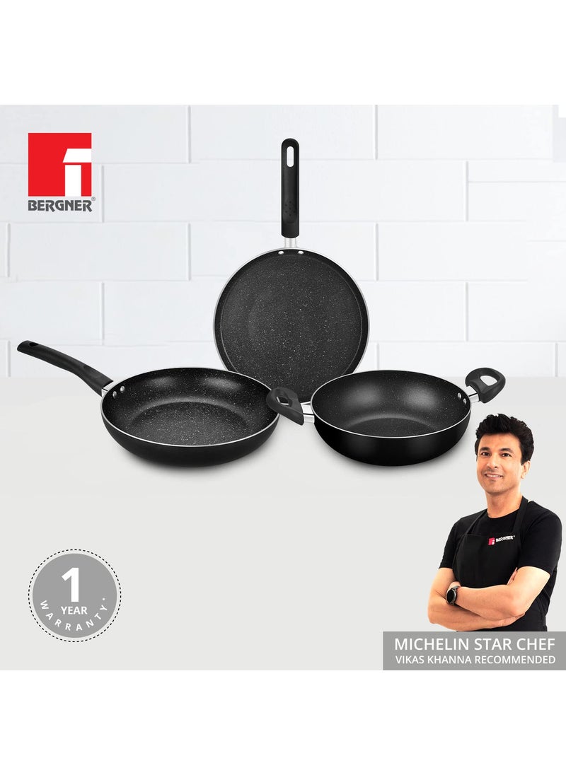 Bergner Stone Plus Non-Stick 4 Pcs Cookware Set - 24cm (2.5 L) Kadai with Glass Lid, 24cm Frypan and 28cm Tawa, Bakelite Handle, Minimal Oil Use - Induction Bottom, Diwali/Anniversary Gifting (Black)