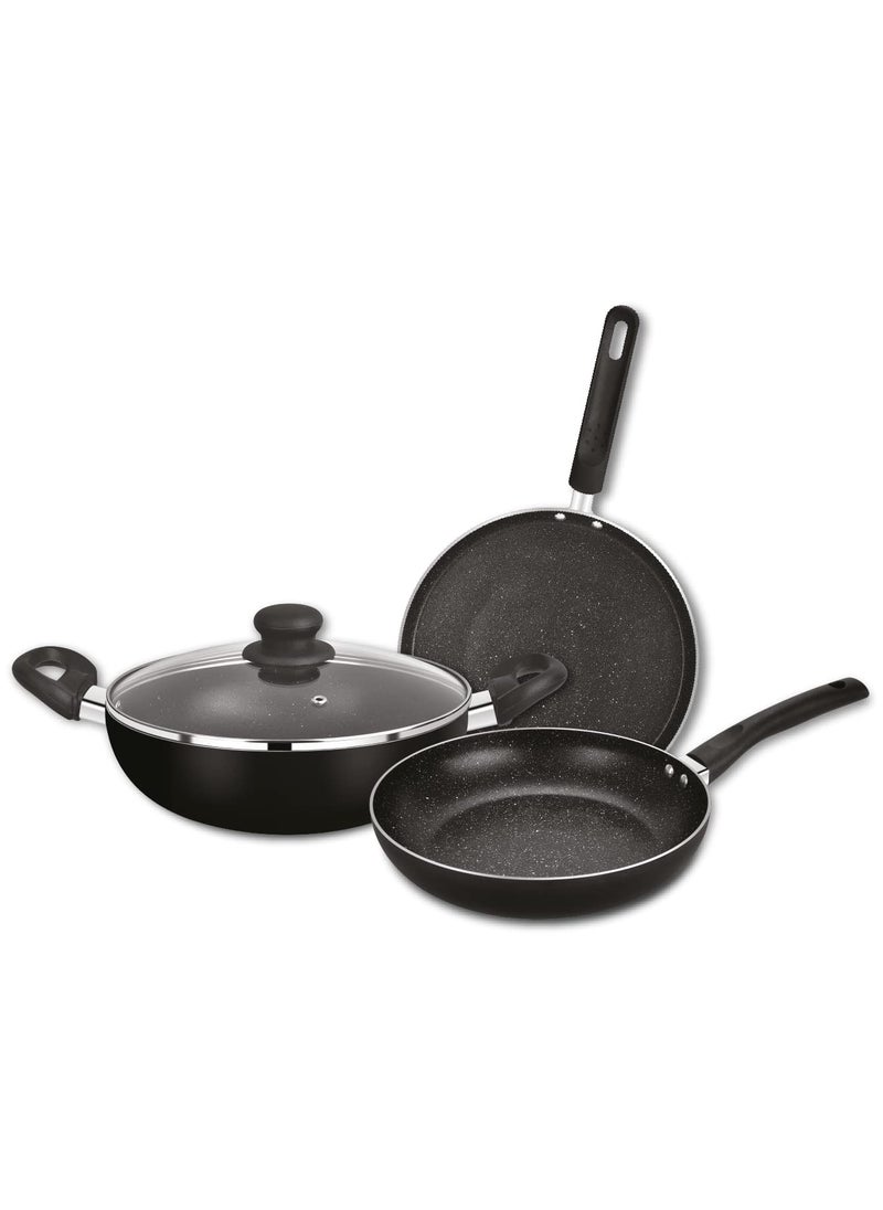 Bergner Stone Plus Non-Stick 4 Pcs Cookware Set - 24cm (2.5 L) Kadai with Glass Lid, 24cm Frypan and 28cm Tawa, Bakelite Handle, Minimal Oil Use - Induction Bottom, Diwali/Anniversary Gifting (Black)