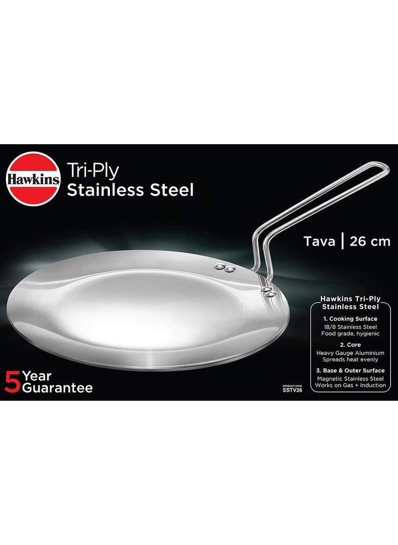Hawkins Triply 3 mm Stainless Steel Deep Fry Pan/Kadhai 2.5 LTR with Lid and Tawa 26 cm, Set of 2