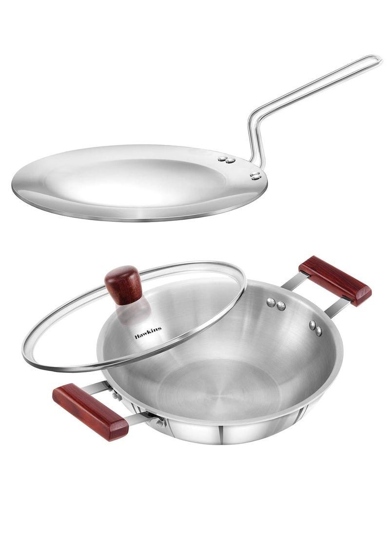 Hawkins Triply 3 mm Stainless Steel Deep Fry Pan/Kadhai 2.5 LTR with Lid and Tawa 26 cm, Set of 2