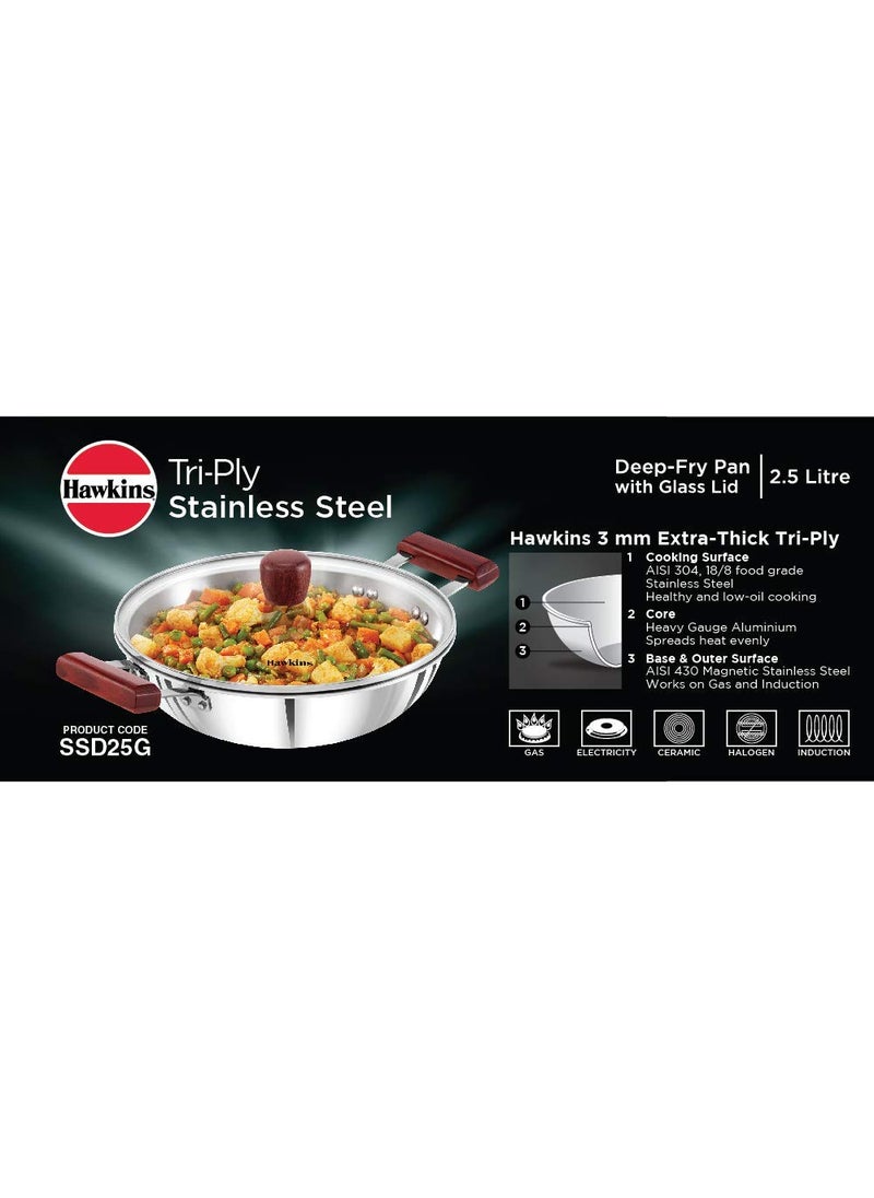 Hawkins Triply 3 mm Stainless Steel Deep Fry Pan/Kadhai 2.5 LTR with Lid and Tawa 26 cm, Set of 2
