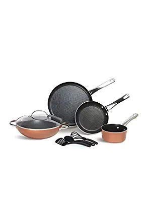 Meyer Aluminium Cookware Set, Kadai, Frypan, Saucepan, Flat Dosa Tawa, Lid With Accessories, 8 Piece (Copper) - Multicolor