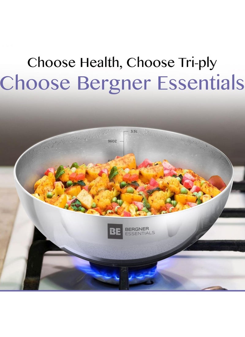 Bergner Triply Stainless Steel 4 Pcs Cookware Set - 20cm Tope, 20cm Tasra and 1.5 L Belly Shape Ouetr Lid Pressure Cooker, Less Oil Use, Dishwasher Safe, Induction Bottom and Gas Stove Ready