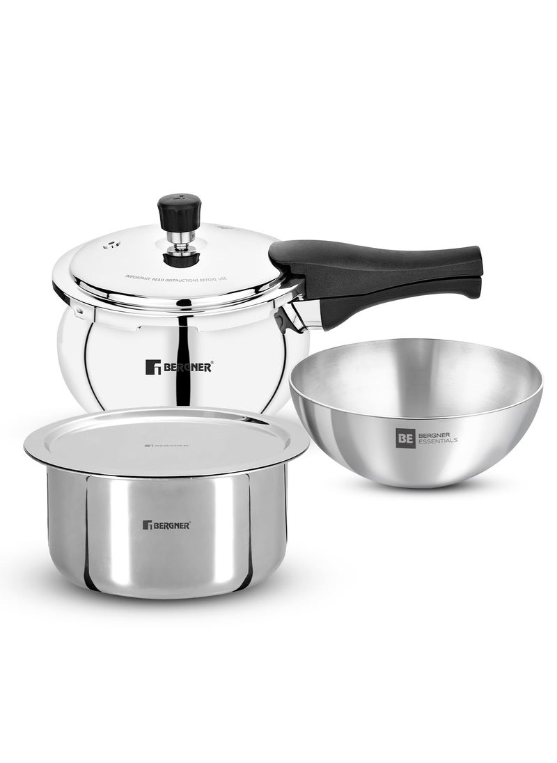 Bergner Triply Stainless Steel 4 Pcs Cookware Set - 20cm Tope, 20cm Tasra and 1.5 L Belly Shape Ouetr Lid Pressure Cooker, Less Oil Use, Dishwasher Safe, Induction Bottom and Gas Stove Ready