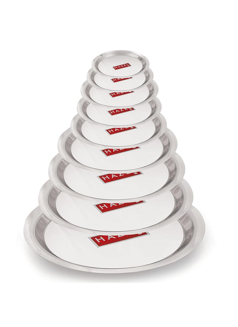 HAZEL Stainless Steel Lid Tope Cover Plates Ciba of Multiple Sizes For Vessels Kadhai With Handle Knob Cookware Utensil, (Size 16.8cm to 30 cm) Set of 9 Lids,Silver