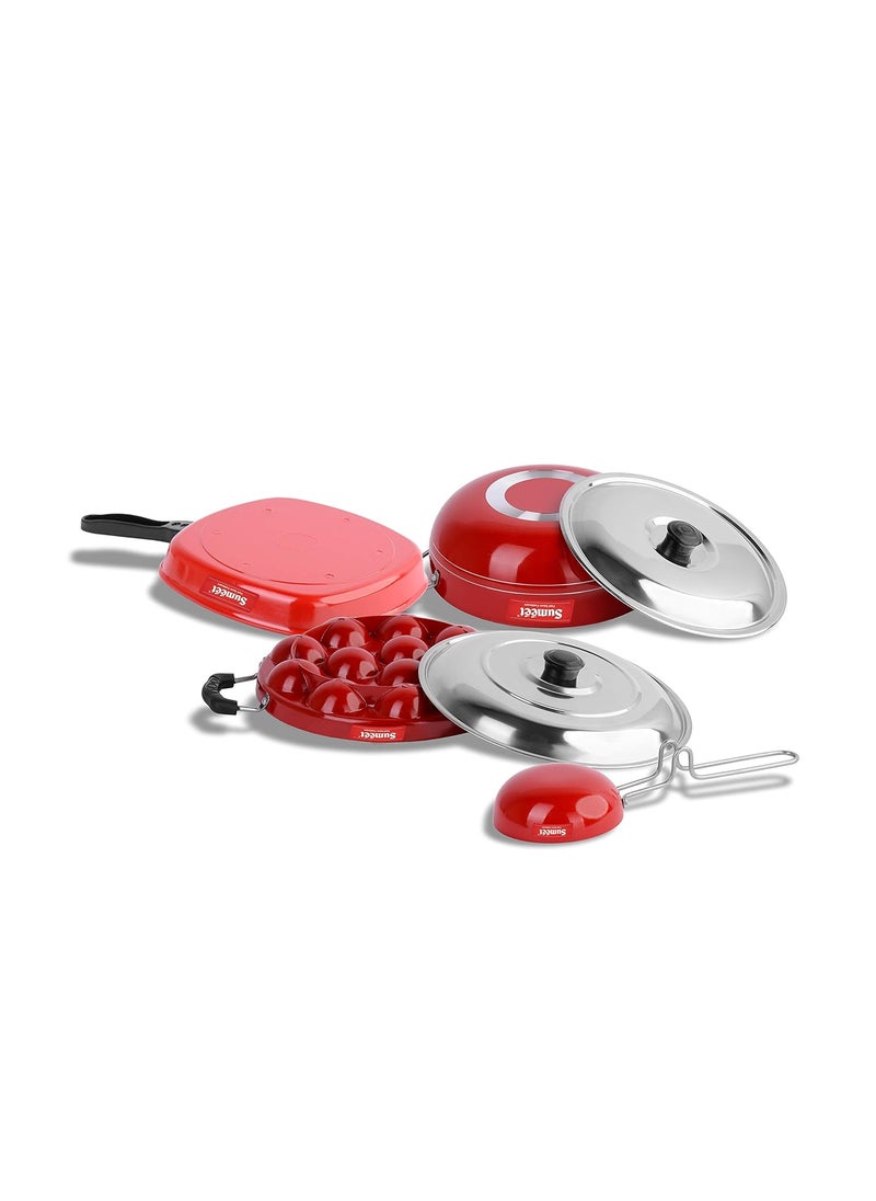 Sumeet 2.6mm Thick Non-Stick Puka Cookware Set (Kadhai with Lid â€“ 1.5Ltr Capacity- 20cm Dia + Grill Appam Patra with Lid â€“ 23cm Dia + Grill Pan â€“ 1.1Ltr Capacity â€“ 22cm Dia + Tadka Pan â€“ 10cm Dia)