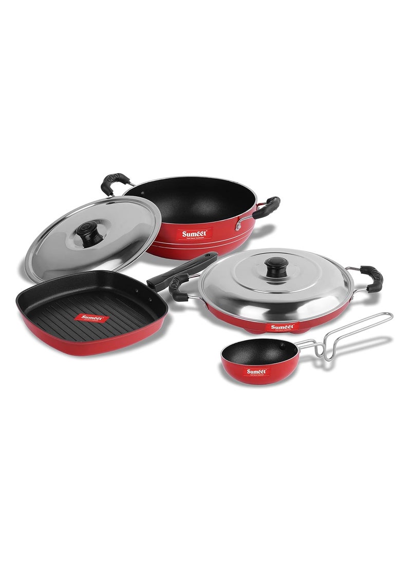Sumeet 2.6mm Thick Non-Stick Puka Cookware Set (Kadhai with Lid â€“ 1.5Ltr Capacity- 20cm Dia + Grill Appam Patra with Lid â€“ 23cm Dia + Grill Pan â€“ 1.1Ltr Capacity â€“ 22cm Dia + Tadka Pan â€“ 10cm Dia)