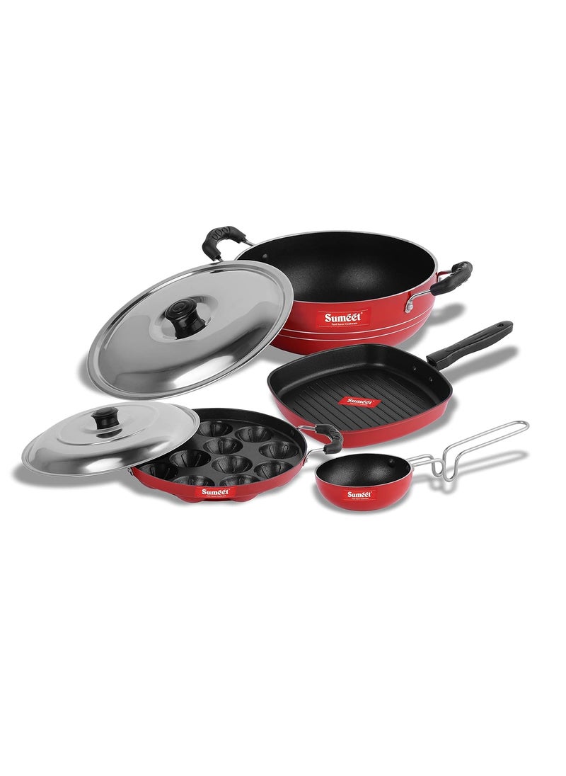 Sumeet 2.6mm Thick Non-Stick Puka Cookware Set (Kadhai with Lid â€“ 1.5Ltr Capacity- 20cm Dia + Grill Appam Patra with Lid â€“ 23cm Dia + Grill Pan â€“ 1.1Ltr Capacity â€“ 22cm Dia + Tadka Pan â€“ 10cm Dia)