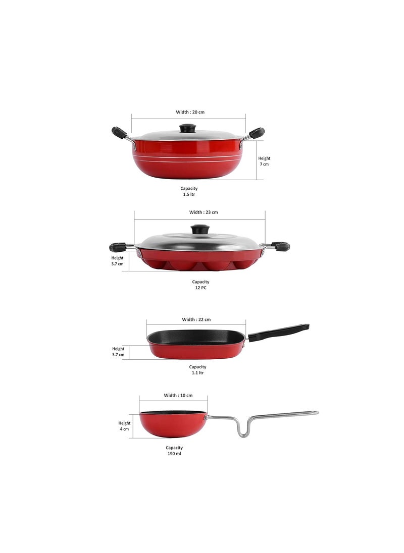 Sumeet 2.6mm Thick Non-Stick Puka Cookware Set (Kadhai with Lid â€“ 1.5Ltr Capacity- 20cm Dia + Grill Appam Patra with Lid â€“ 23cm Dia + Grill Pan â€“ 1.1Ltr Capacity â€“ 22cm Dia + Tadka Pan â€“ 10cm Dia)