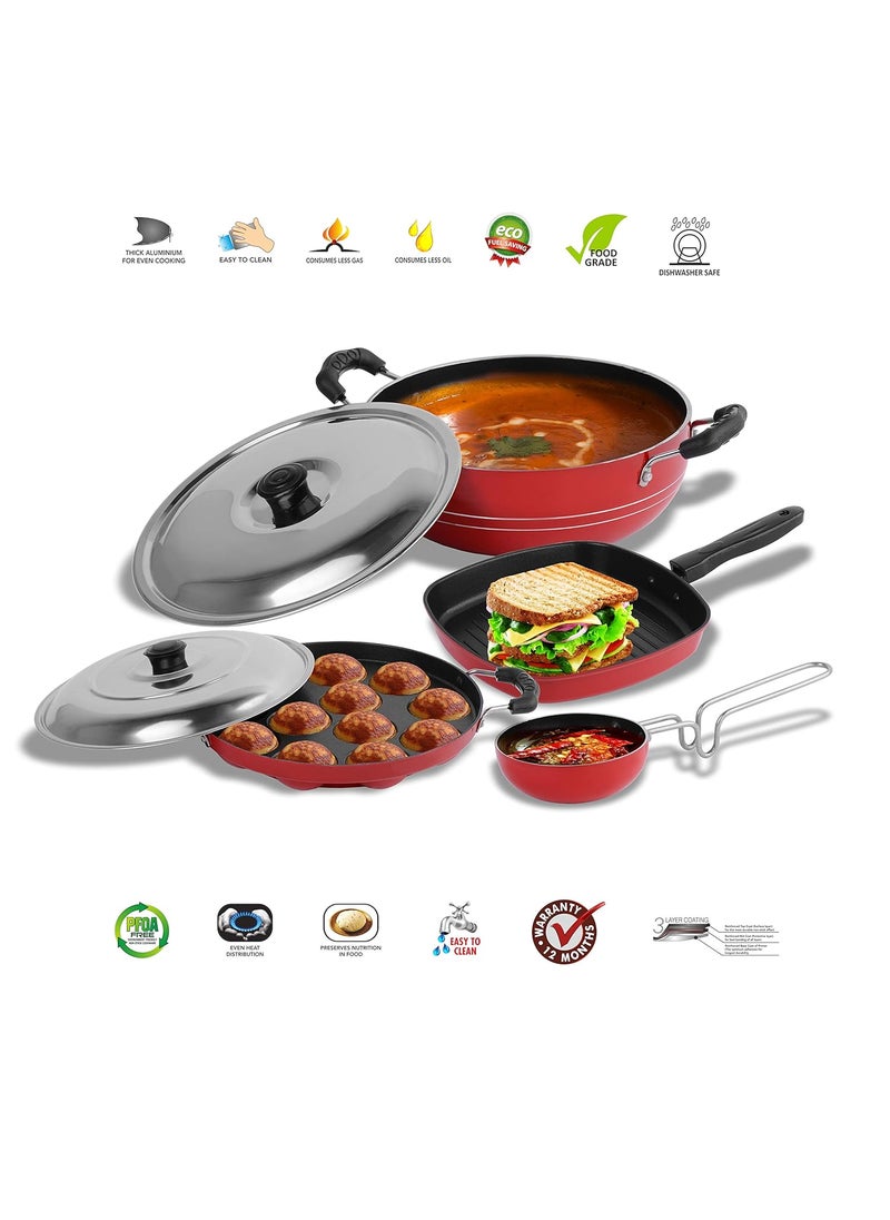 Sumeet 2.6mm Thick Non-Stick Puka Cookware Set (Kadhai with Lid â€“ 1.5Ltr Capacity- 20cm Dia + Grill Appam Patra with Lid â€“ 23cm Dia + Grill Pan â€“ 1.1Ltr Capacity â€“ 22cm Dia + Tadka Pan â€“ 10cm Dia)
