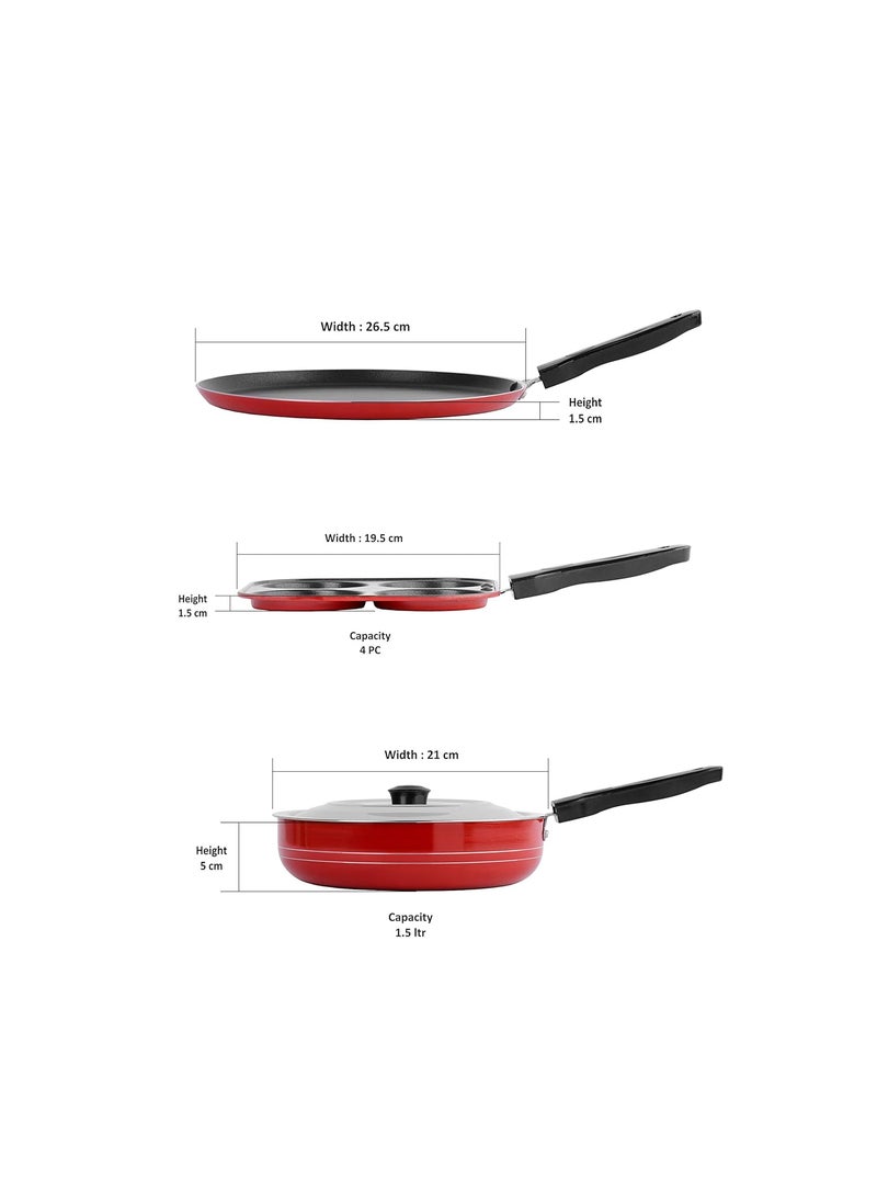 Sumeet 2.6mm Thick Non-Stick Redina Combo set (Dosa Tawa – 26.5cm Dia + Mini Multi Snack Maker – 19.5cm Dia + Fry pan – 1.5Ltr Capacity – 21cm Dia)