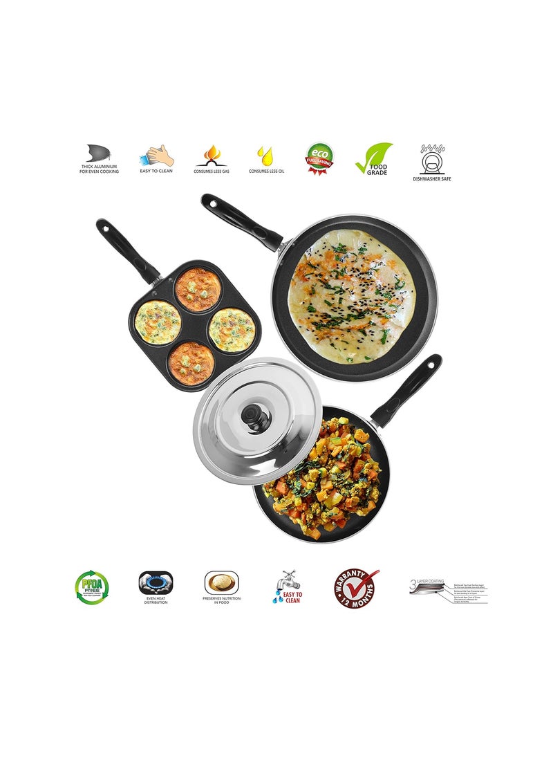 Sumeet 2.6mm Thick Non-Stick Redina Combo set (Dosa Tawa – 26.5cm Dia + Mini Multi Snack Maker – 19.5cm Dia + Fry pan – 1.5Ltr Capacity – 21cm Dia)