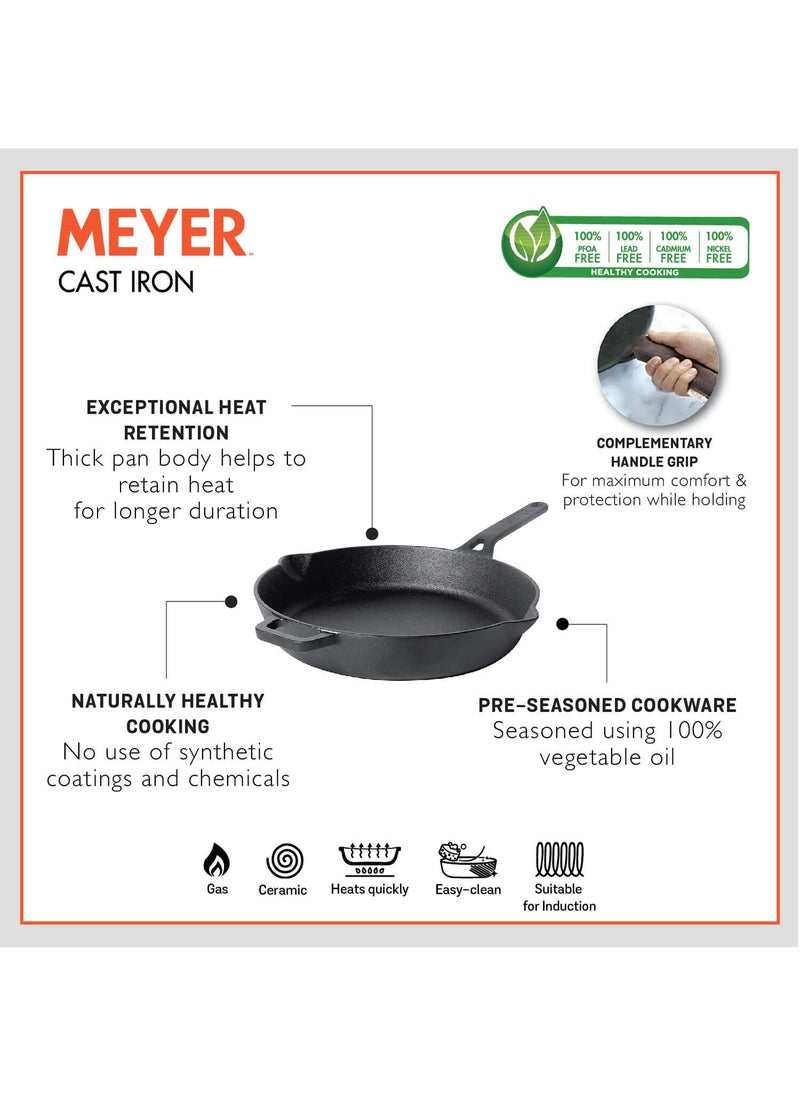 Meyer Pre-Seasoned Cast Iron 2 Piece Cookware Set - 26cm Roti Tawa + 20cm Fry pan | Iron Utensils for Cooking | Cookware Set Combo Offer | Cast Iron Cookware for Kitchen, Black