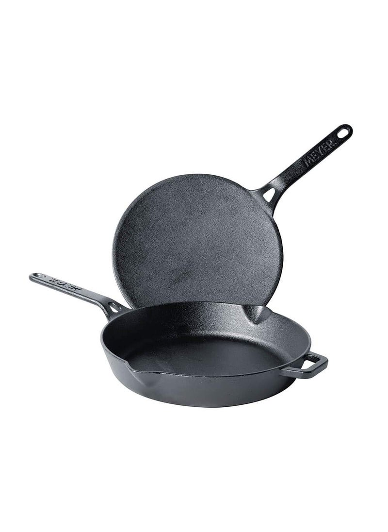 Meyer Pre-Seasoned Cast Iron 2 Piece Cookware Set - 26cm Roti Tawa + 20cm Fry pan | Iron Utensils for Cooking | Cookware Set Combo Offer | Cast Iron Cookware for Kitchen, Black