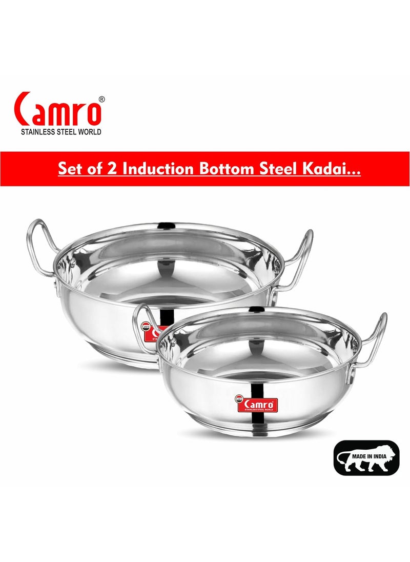 Camro Induction Bottom Kadhai Set 2 (3.1 Liters & 4 Liters) (13 No & 14 No) | Versatile Cooking Utensil | Gas Stove Compatible | Dishwasher Safe | 15+Years of Innovation and Quality