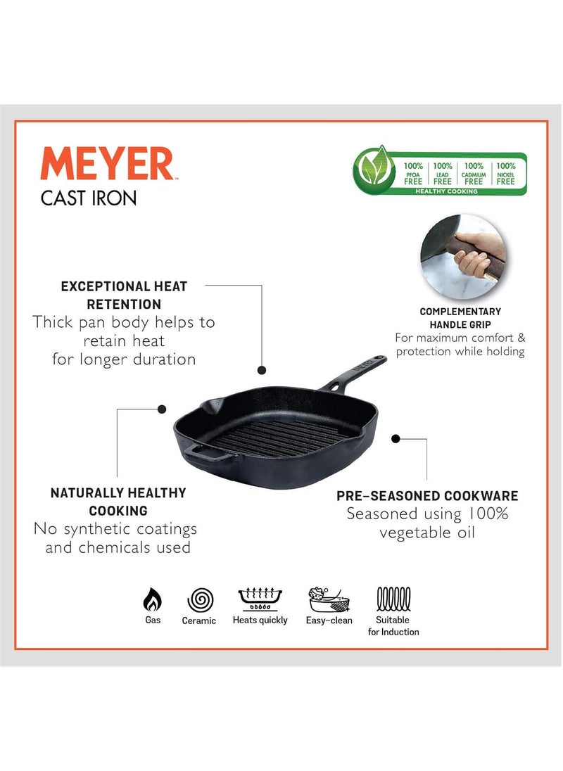 Meyer Cast Iron 2pcs Set - 25cm Grillpan + 28cm Flat Dosa Tawa
