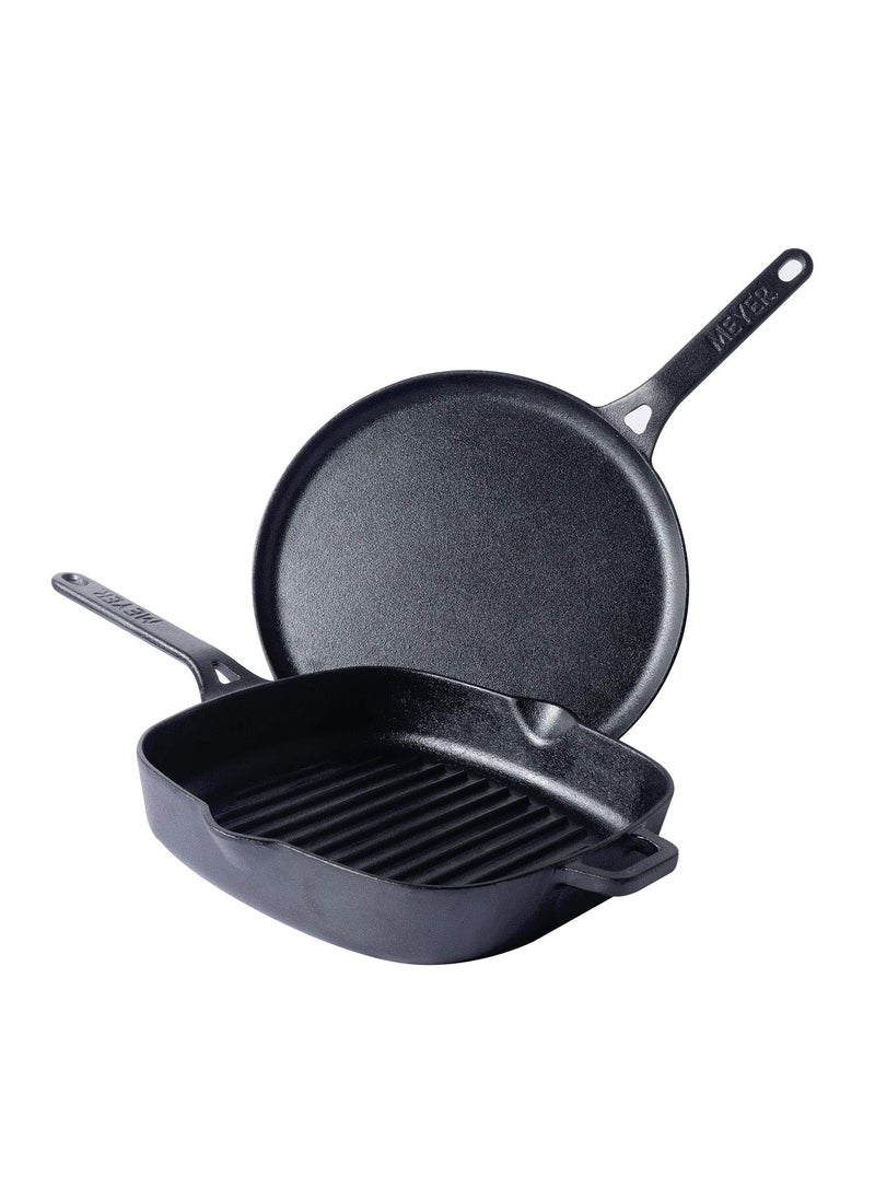 Meyer Cast Iron 2pcs Set - 25cm Grillpan + 28cm Flat Dosa Tawa