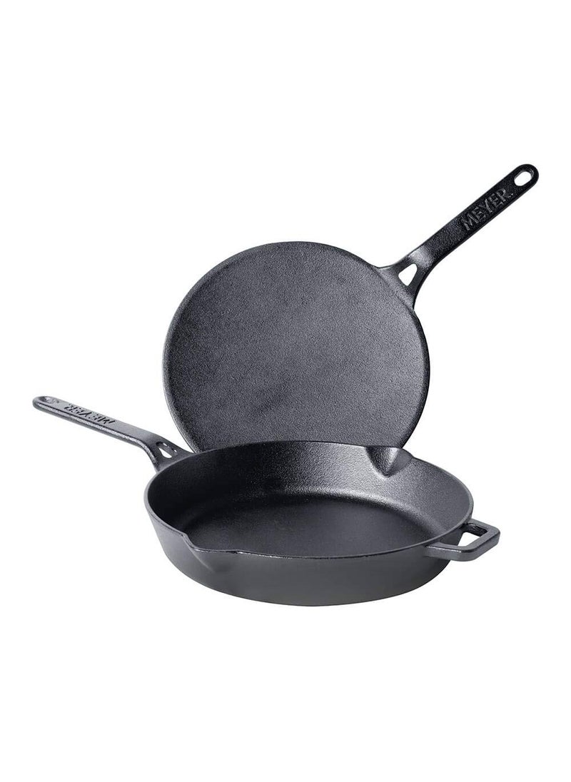 Meyer Pre-Seasoned Cast Iron 2 Piece Cookware Set - 26cm Frying pan + 26cm Roti Tawa | Iron Utensils for Cooking | Cast Iron Combo | Cookware Set Combo Offer for Kitchen, Black