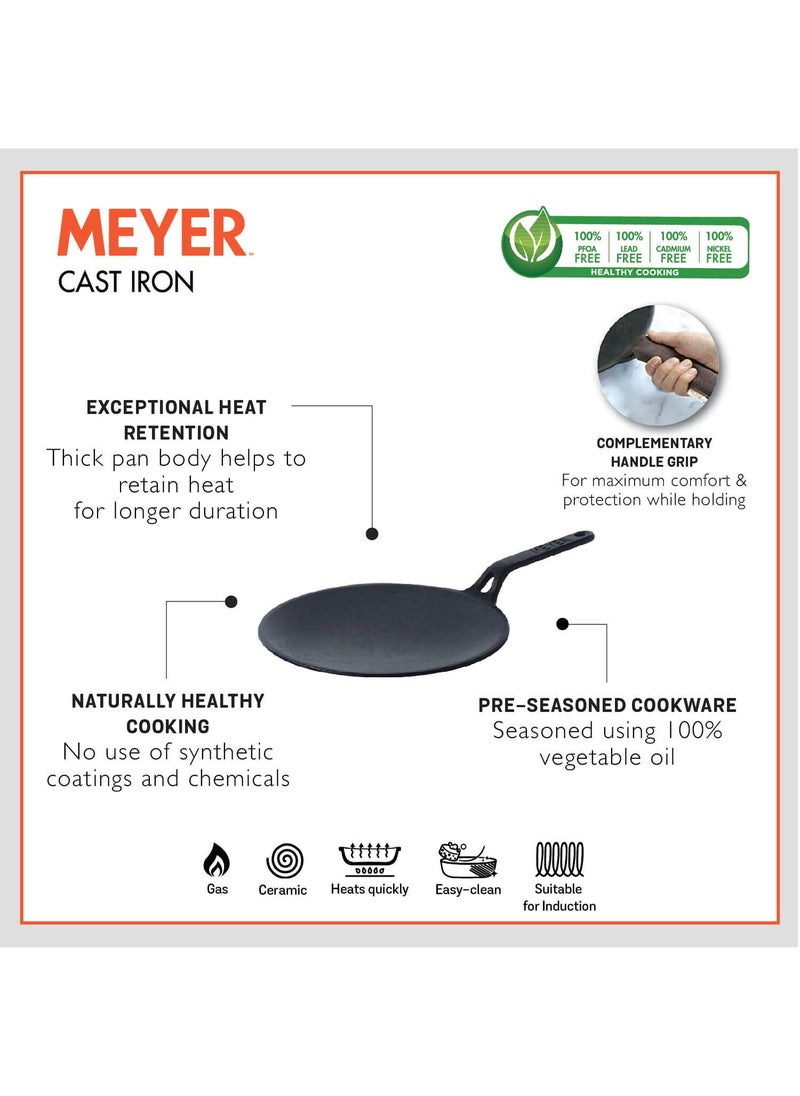 Meyer Pre-Seasoned Cast Iron 2 Piece Cookware Set - 26cm Frying pan + 26cm Roti Tawa | Iron Utensils for Cooking | Cast Iron Combo | Cookware Set Combo Offer for Kitchen, Black