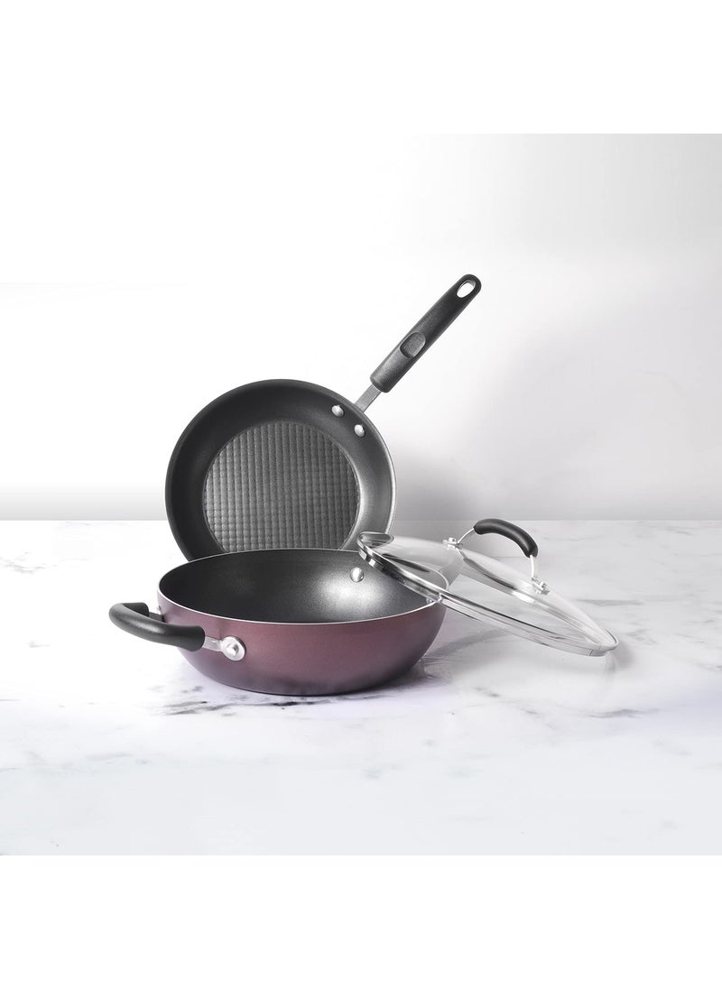 Meyer Merlot Non-Stick 3pcs Set 26cm Frypan + 26cm Kadai Set with Interchangeable Glass Lid