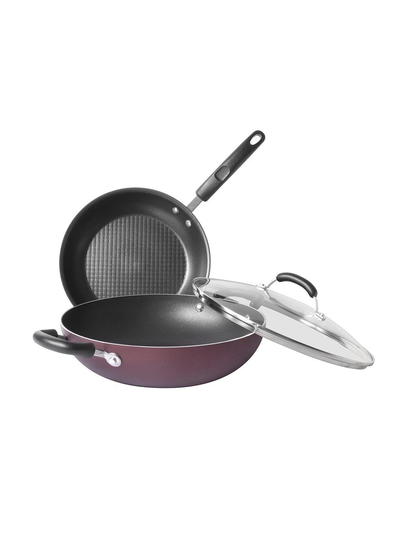 Meyer Merlot Non-Stick 3pcs Set 26cm Frypan + 26cm Kadai Set with Interchangeable Glass Lid