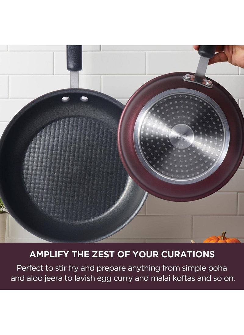 Meyer Merlot Non-Stick 3pcs Set 26cm Frypan + 26cm Kadai Set with Interchangeable Glass Lid