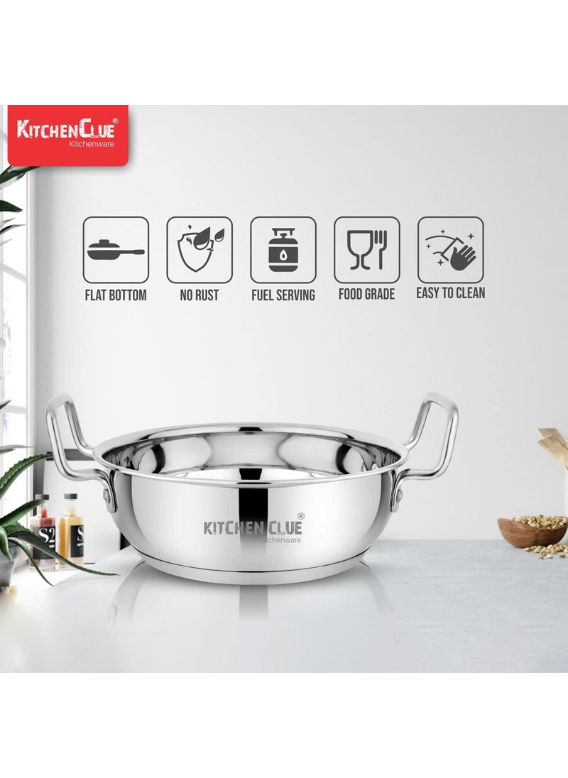 Kitchen Clue Stainless Steel Induction Base Kadhai Set of 2 Pcs (2000_2300 ML) Heavy Guage Bottom Cookware Set I TRIPLY Base I Combo Set of 2 Pcs I Kadhai for Kitchen Essential - Wider Base