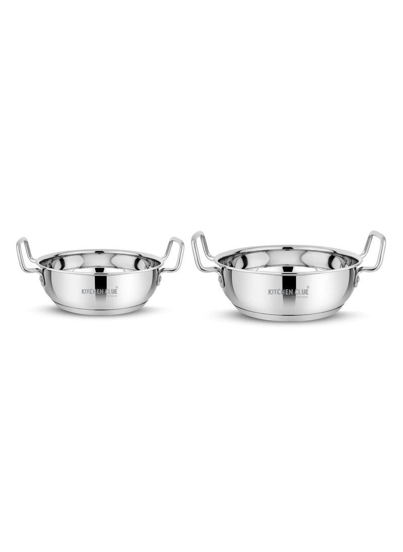 Kitchen Clue Stainless Steel Induction Base Kadhai Set of 2 Pcs (2000_2300 ML) Heavy Guage Bottom Cookware Set I TRIPLY Base I Combo Set of 2 Pcs I Kadhai for Kitchen Essential - Wider Base
