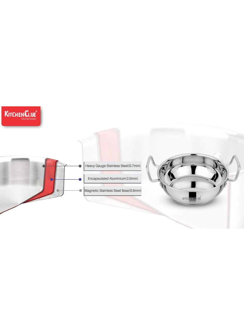 Kitchen Clue Stainless Steel Induction Base Kadhai Set of 2 Pcs (2000_2300 ML) Heavy Guage Bottom Cookware Set I TRIPLY Base I Combo Set of 2 Pcs I Kadhai for Kitchen Essential - Wider Base