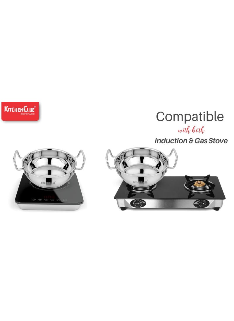 Kitchen Clue Stainless Steel Induction Base Kadhai Set of 2 Pcs (2000_2300 ML) Heavy Guage Bottom Cookware Set I TRIPLY Base I Combo Set of 2 Pcs I Kadhai for Kitchen Essential - Wider Base