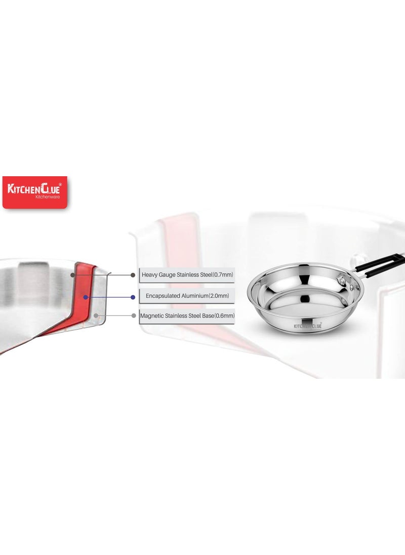 Kitchen Clue Stainless Steel Frypan Cookware Set of 3 Pcs - 1200_1500_1800 ML - Induction & GASTOVE Compatible - 3.5 Mm Thick Base - Soft Touch Handle - Heavy Gauge Bottom Frypan/Sautepan