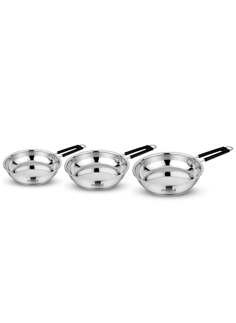 Kitchen Clue Stainless Steel Frypan Cookware Set of 3 Pcs - 1200_1500_1800 ML - Induction & GASTOVE Compatible - 3.5 Mm Thick Base - Soft Touch Handle - Heavy Gauge Bottom Frypan/Sautepan