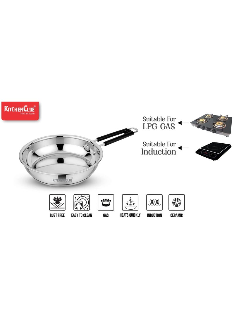 Kitchen Clue Stainless Steel Frypan Cookware Set of 3 Pcs - 1200_1500_1800 ML - Induction & GASTOVE Compatible - 3.5 Mm Thick Base - Soft Touch Handle - Heavy Gauge Bottom Frypan/Sautepan