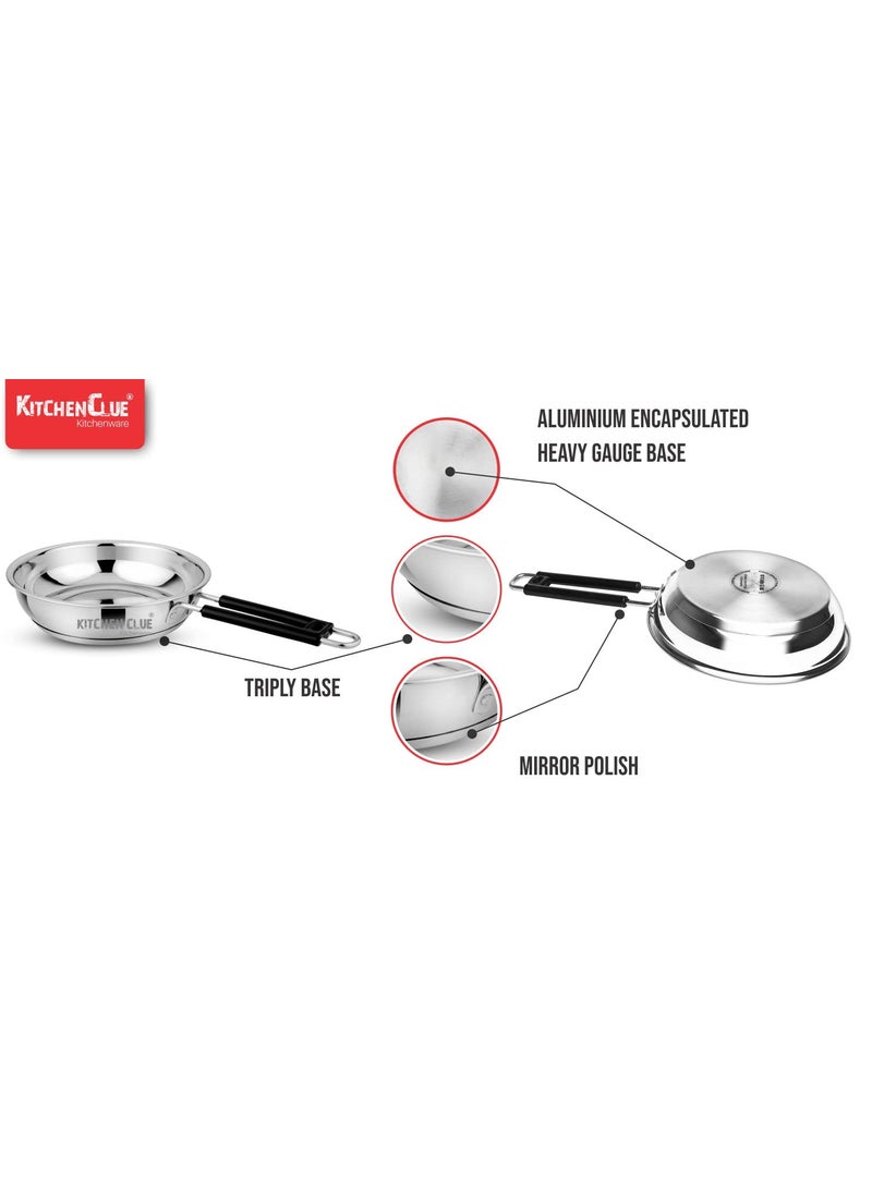 Kitchen Clue Stainless Steel Frypan Cookware Set of 3 Pcs - 1200_1500_1800 ML - Induction & GASTOVE Compatible - 3.5 Mm Thick Base - Soft Touch Handle - Heavy Gauge Bottom Frypan/Sautepan