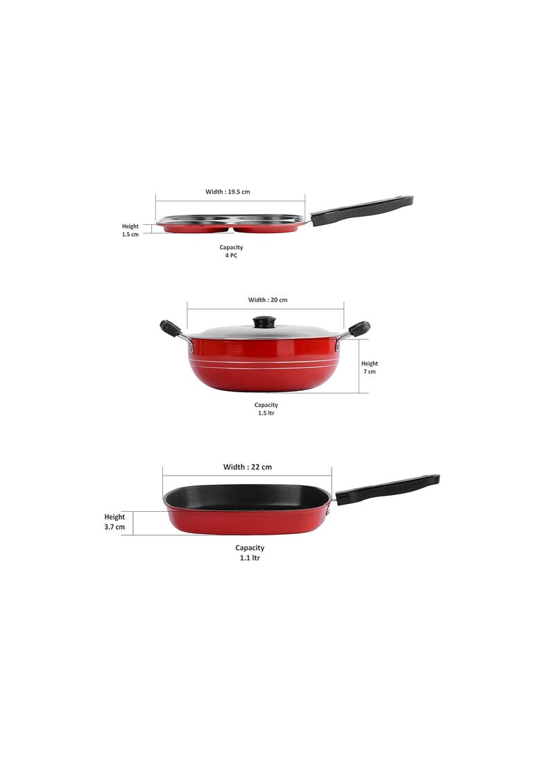 Sumeet 2.6mm Thick Non-Stick Rowan Combo set (Mini Multi Snack Maker – 19.5cm Dia + Kadhai with Lid – 1.5Ltr capacity- 20cm Dia + Grill Pan – 1.1Ltr Capacity – 22cm Dia)