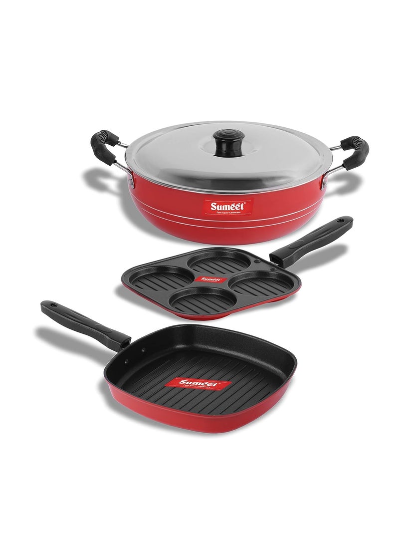 Sumeet 2.6mm Thick Non-Stick Rowan Combo set (Mini Multi Snack Maker – 19.5cm Dia + Kadhai with Lid – 1.5Ltr capacity- 20cm Dia + Grill Pan – 1.1Ltr Capacity – 22cm Dia)