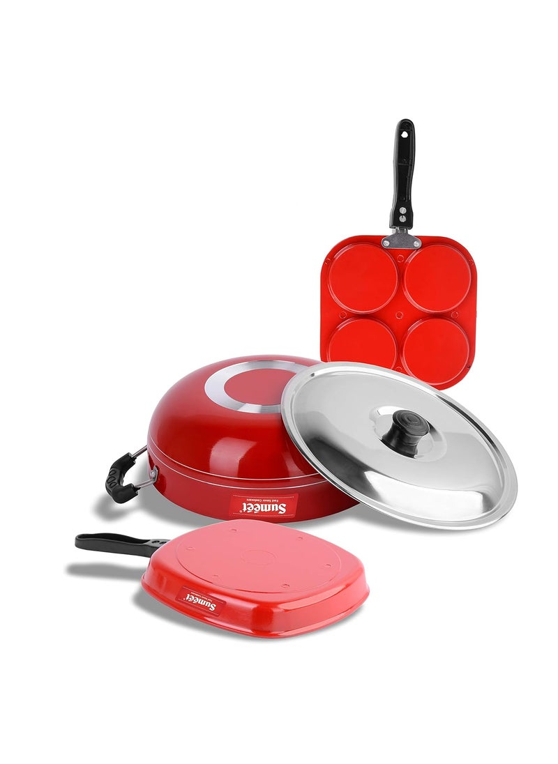 Sumeet 2.6mm Thick Non-Stick Rowan Combo set (Mini Multi Snack Maker – 19.5cm Dia + Kadhai with Lid – 1.5Ltr capacity- 20cm Dia + Grill Pan – 1.1Ltr Capacity – 22cm Dia)